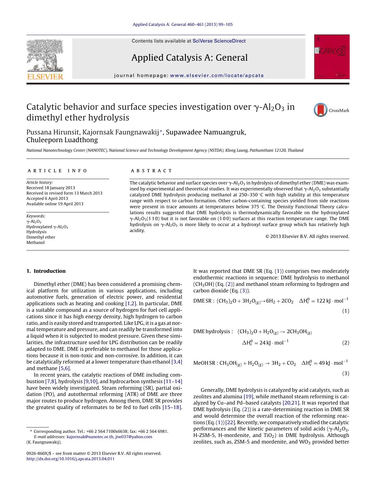 Catalytic behavior and surface species investigation over Î³-Al2O3 in dimethyl ether hydrolysis by Pussana Hirunsit & Kajornsak Faungnawakij & Supawadee Namuangruk & Chuleeporn Luadthong