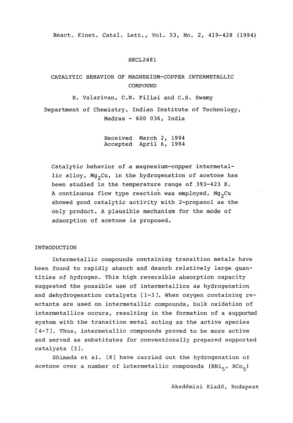 Catalytic behavior of magnesium-copper intermetallic compound by Unknown