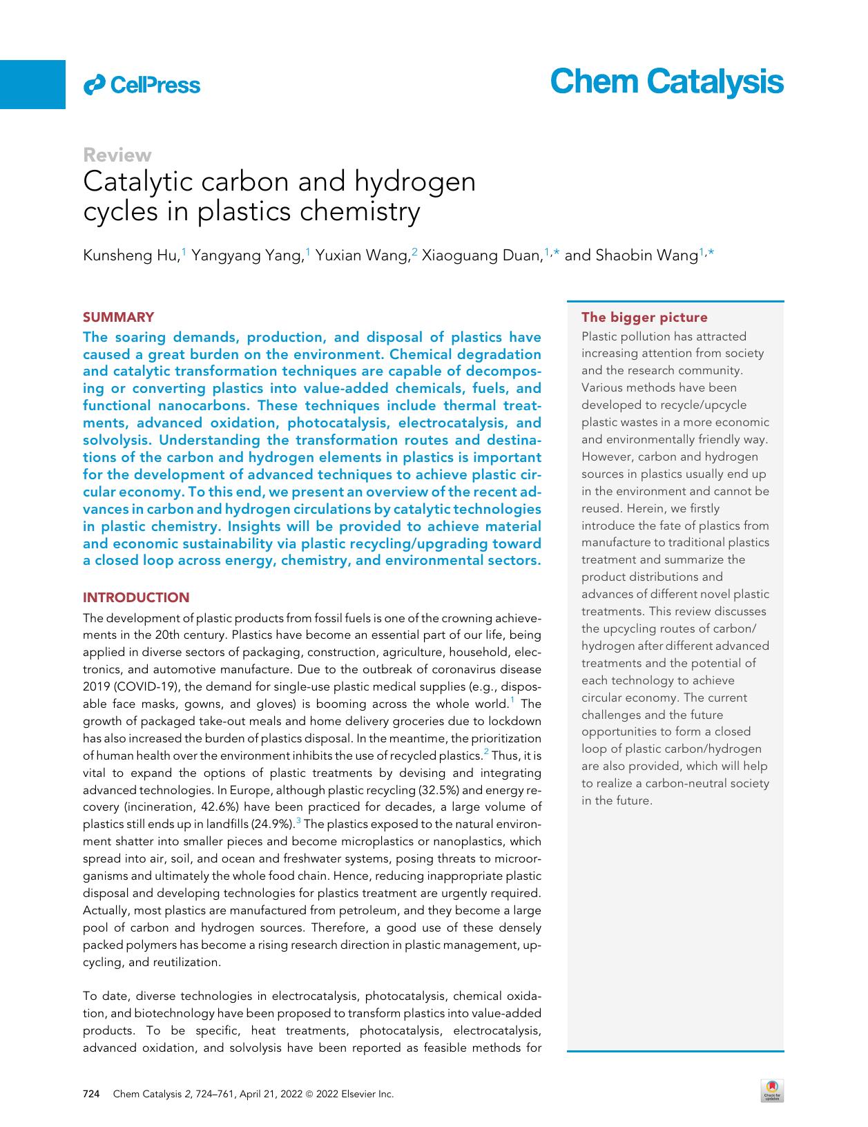 Catalytic carbon and hydrogen cycles in plastics chemistry by Kunsheng Hu & Yangyang Yang & Yuxian Wang & Xiaoguang Duan & Shaobin Wang
