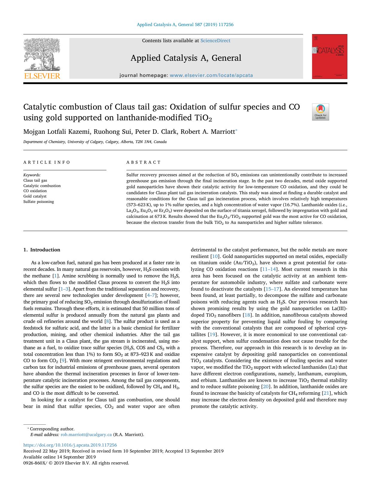 Catalytic combustion of Claus tail gas_ Oxidation of sulfur species and CO using gold supported on lanthanide-modified TiO2 by Mojgan Lotfali Kazemi & Ruohong Sui & Peter D. Clark & Robert A. Marriott