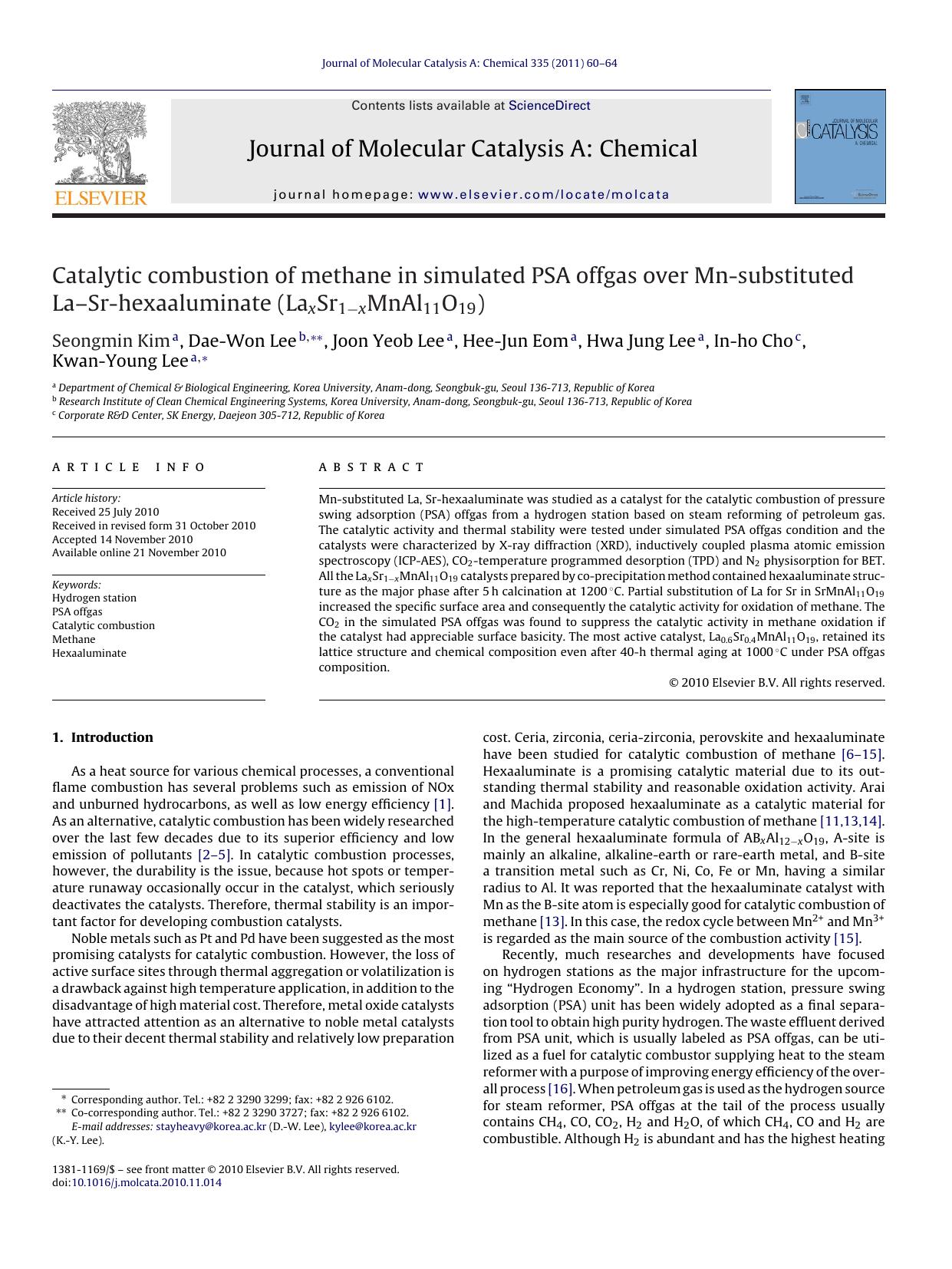 Catalytic combustion of methane in simulated PSA offgas over Mn-substituted LaÃ¢â¬âSr-hexaaluminate (LaxSr1Ã¢ËâxMnAl11O19) by Seongmin Kim