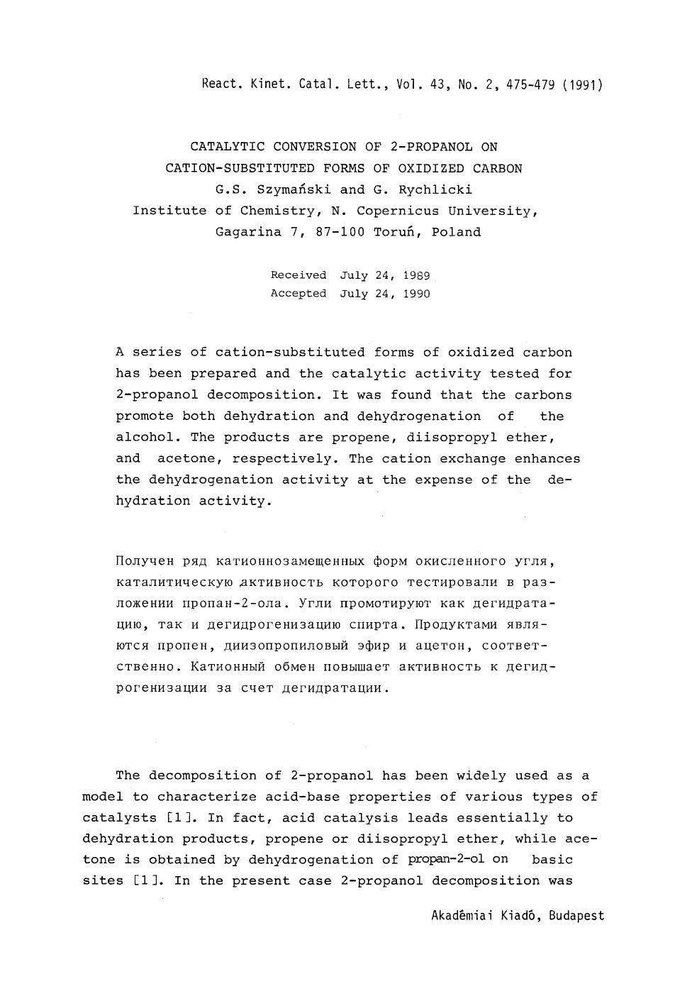 Catalytic conversion of 2-propanol on cation-substituted forms of oxidized carbon by Unknown