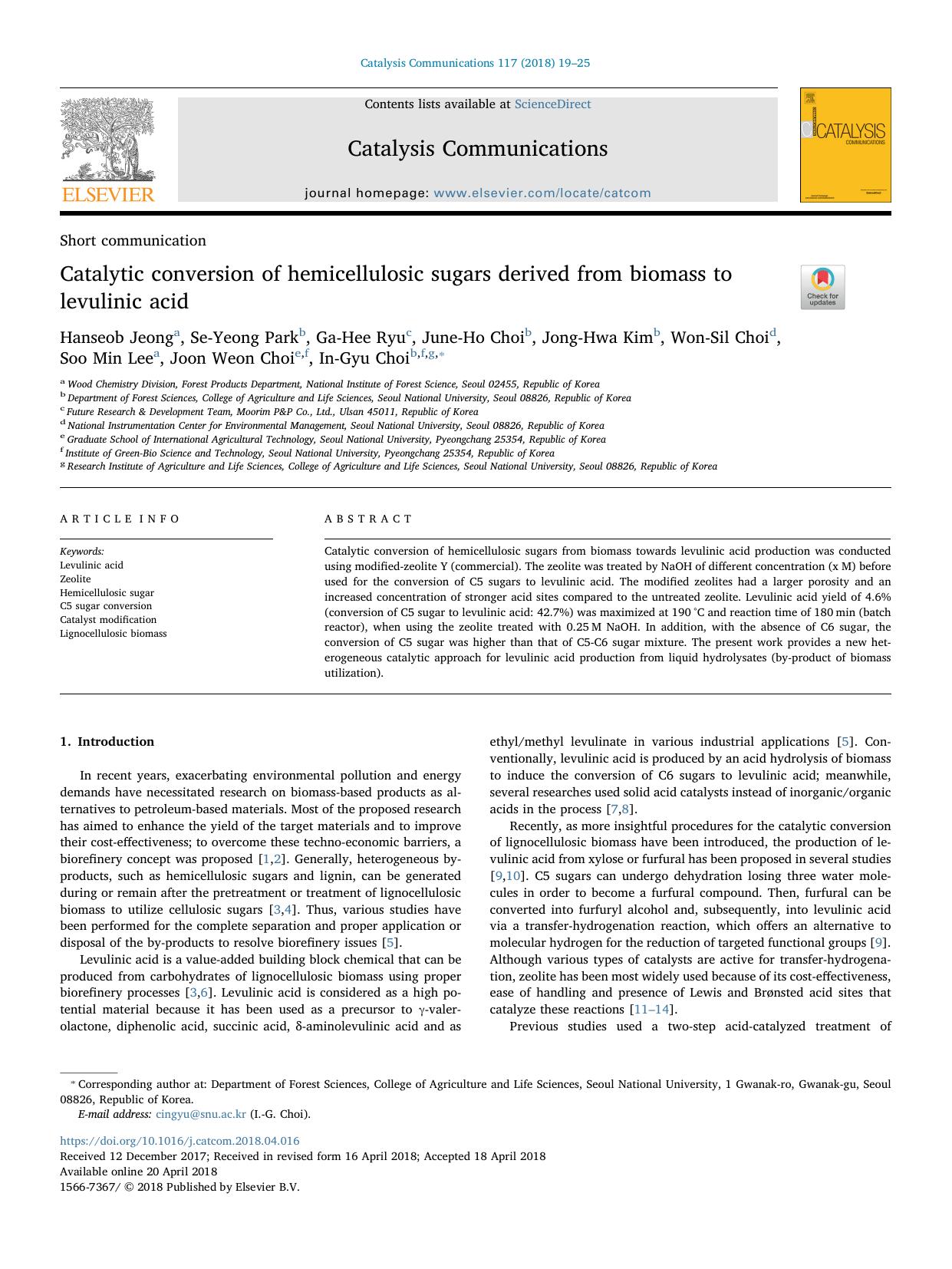 Catalytic conversion of hemicellulosic sugars derived from biomass to levulinic acid by unknow