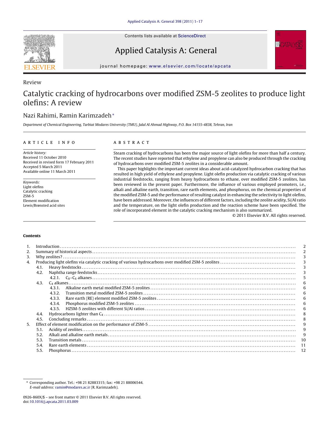 Catalytic cracking of hydrocarbons over modified ZSM-5 zeolites to produce light olefins: A review by Nazi Rahimi