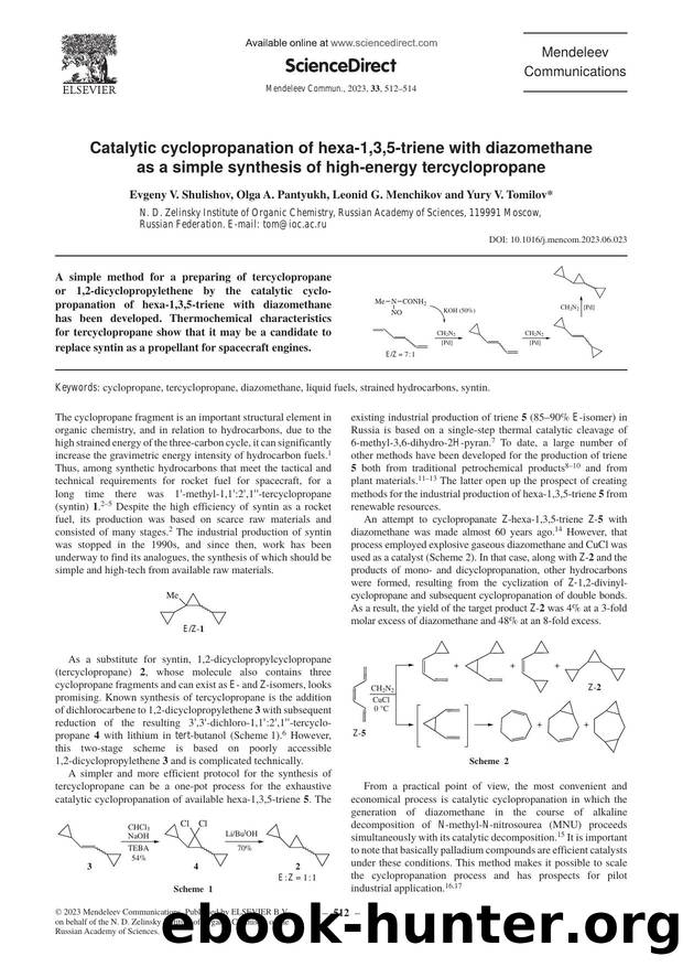 Catalytic cyclopropanation of hexa-1,3,5-triene with diazomethane as a simple synthesis of high-energy tercyclopropane by Evgeny V. Shulishov & Olga A. Pantyukh & Leonid G. Menchikov & Yury V. Tomilov
