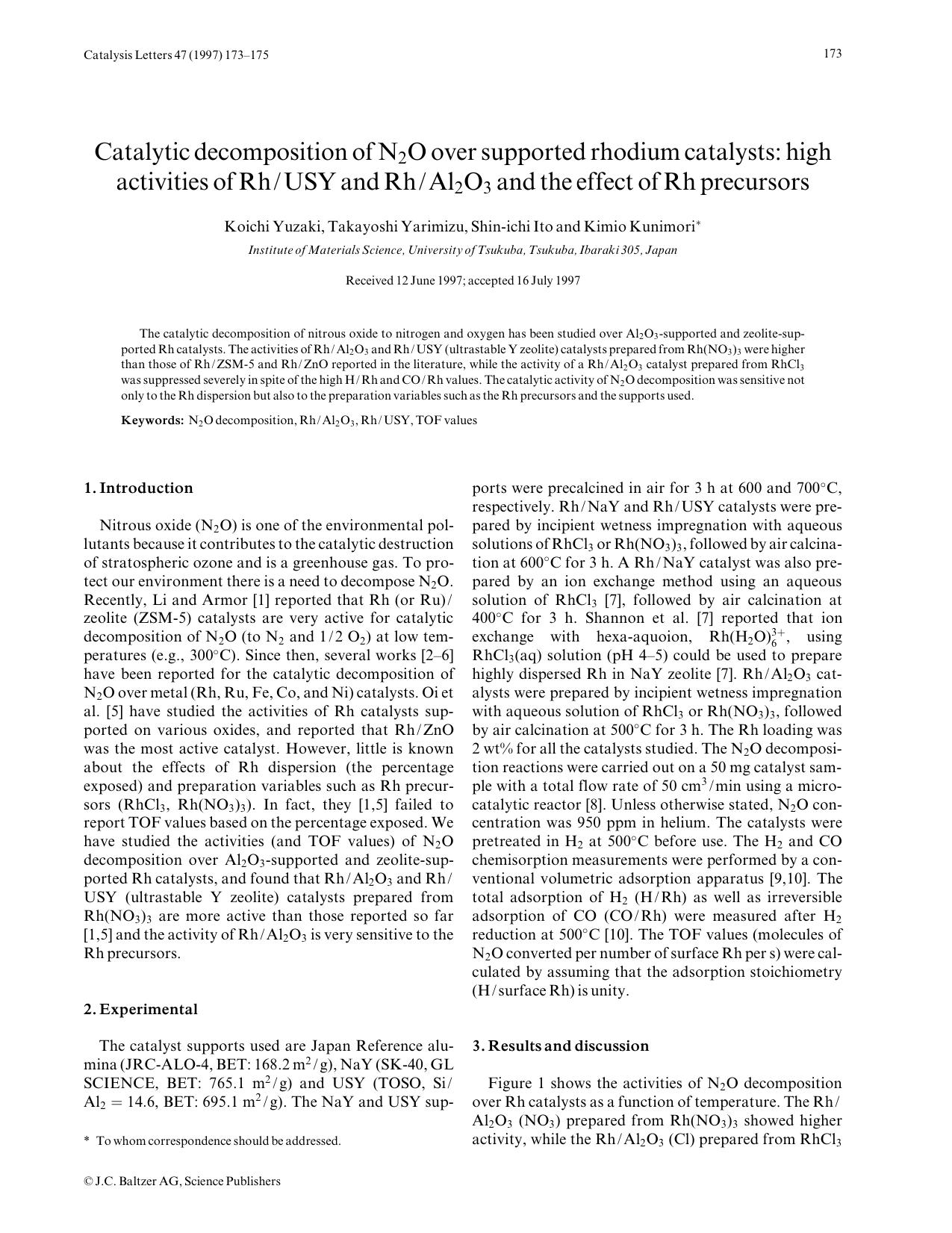 Catalytic decomposition of N<Subscript>2<Subscript>O over supported rhodium catalysts: high activities of RhUSY and RhAl<Subscript>2<Subscript>O<Subscript>3<Subscript> and the effect of Rh precursors by Unknown