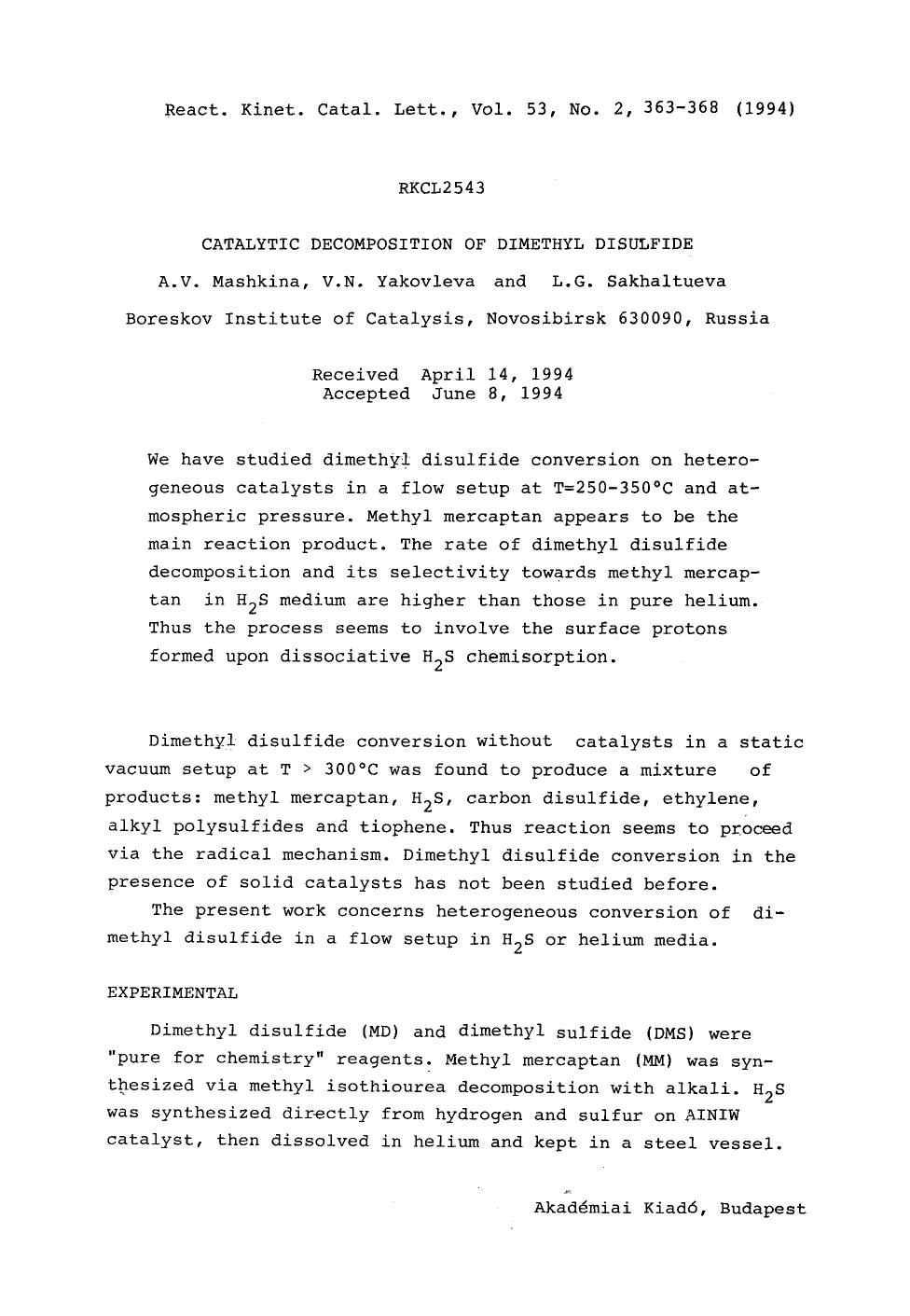 Catalytic decomposition of dimethyl disulfide by Unknown