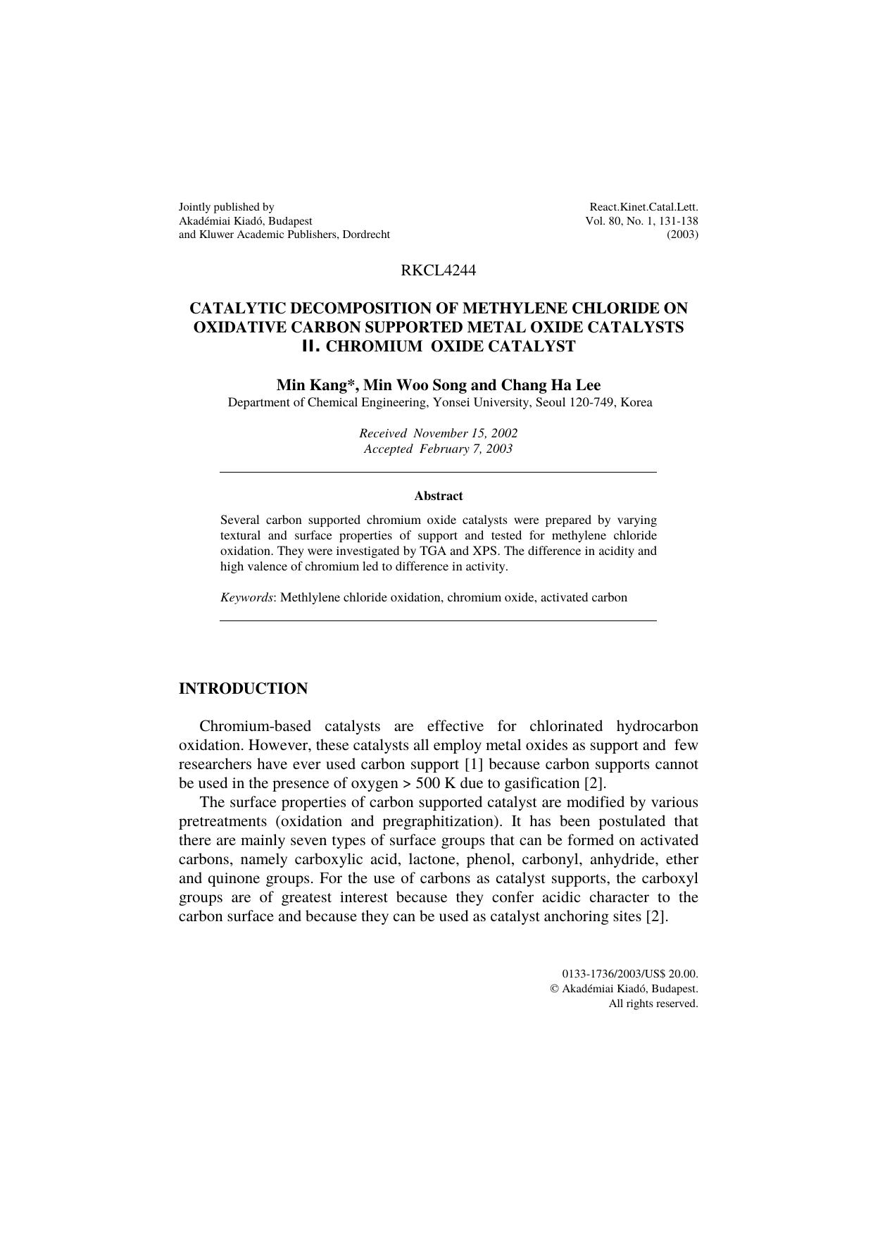 Catalytic decomposition of methylene chloride on oxidative carbon supported metal oxide catalysts by Unknown