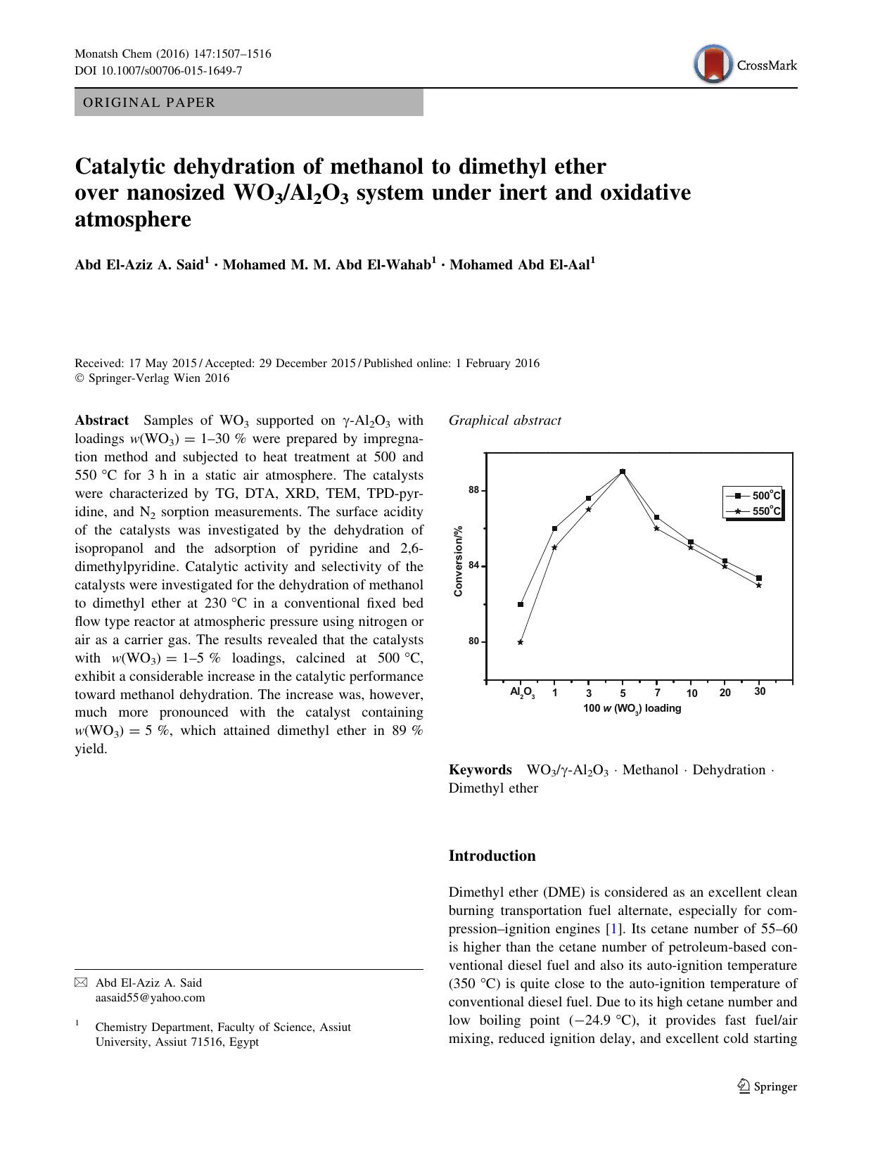 Catalytic dehydration of methanol to dimethyl ether over nanosized WO3Al2O3 system under inert and oxidative atmosphere by Abd El-Aziz A. Said & Mohamed M. M. Abd El-Wahab & Mohamed Abd El-Aal