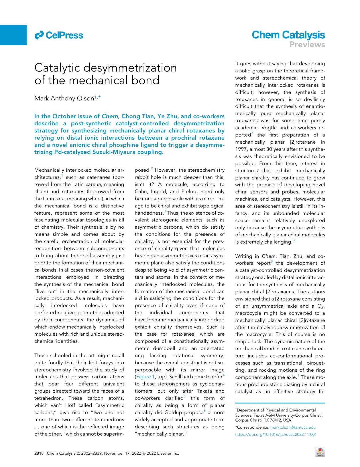 Catalytic desymmetrization of the mechanical bond by Mark Anthony Olson