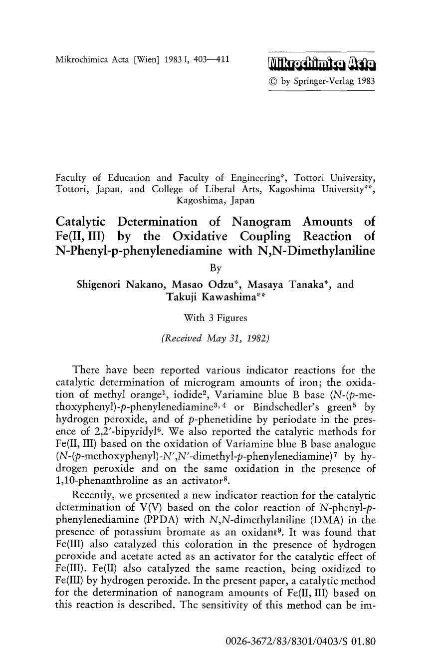 Catalytic determination of nanogram amounts of FE(II, III) by the oxidative coupling reaction of N-pheniyl-p-phenylenediamine with N,N-Dimethylaniline by Unknown