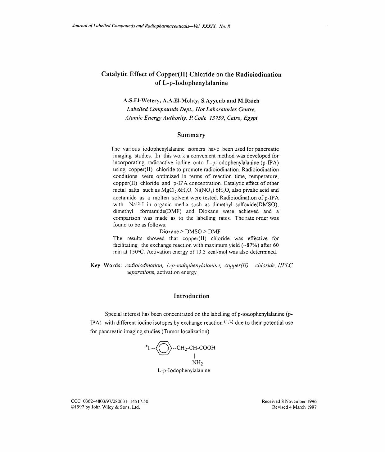 Catalytic effect of copper(II) chloride on the radioiodination of L-p-iodophenylalanine by Unknown