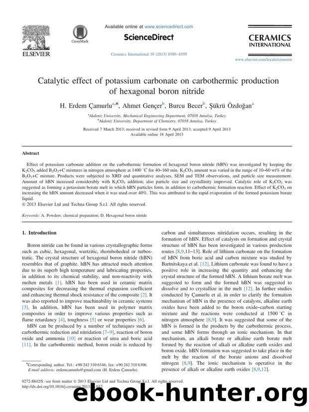 Catalytic effect of potassium carbonate on carbothermic production of hexagonal boron nitride by H. Erdem Çamurlu & Ahmet Gençer & Burcu Becer & Şükrü Özdoğan