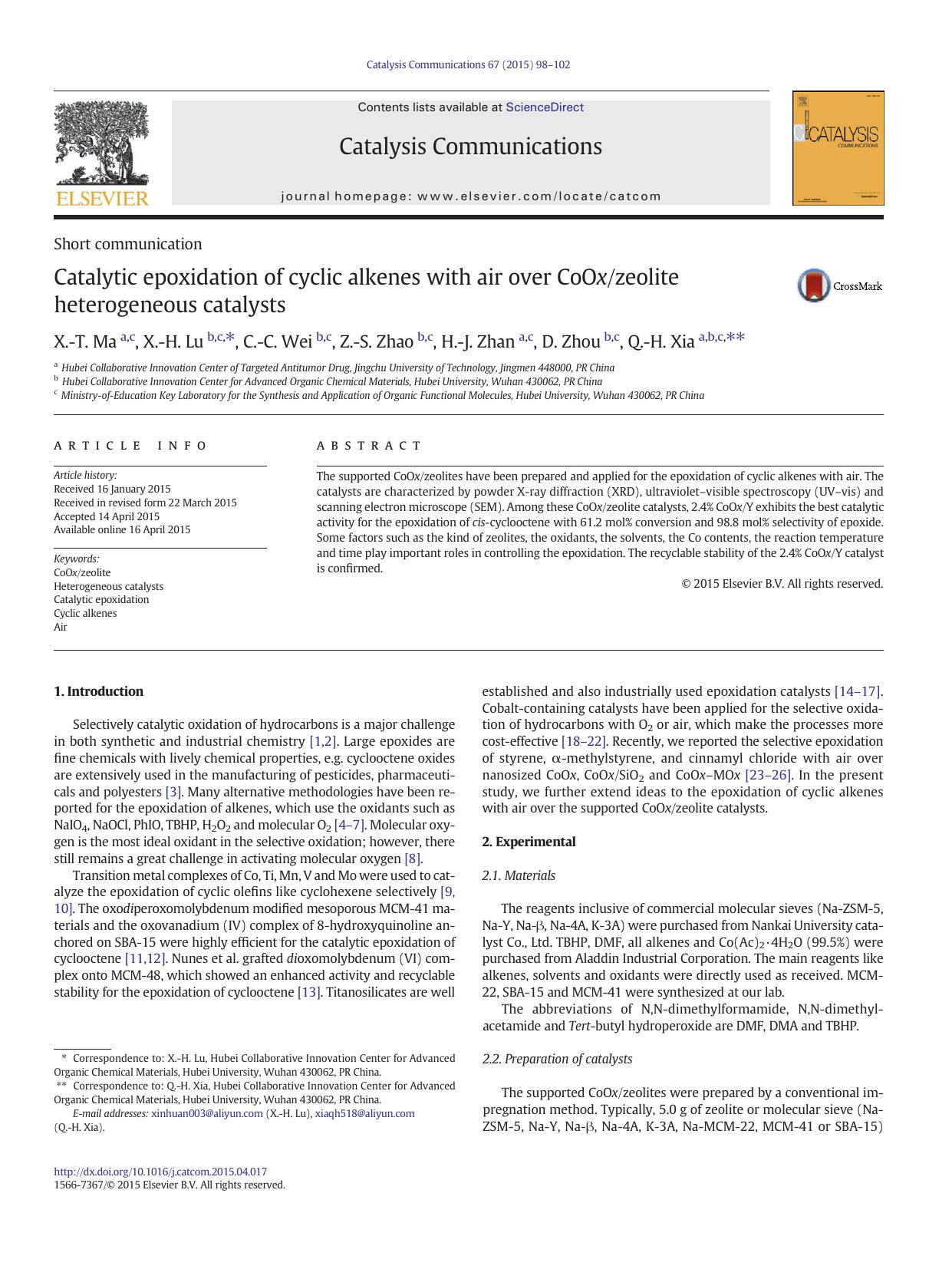 Catalytic epoxidation of cyclic alkenes with air over CoOxzeolite heterogeneous catalysts by X.-T. Ma & X.-H. Lu & C.-C. Wei & Z.-S. Zhao & H.-J. Zhan & D. Zhou & Q.-H. Xia