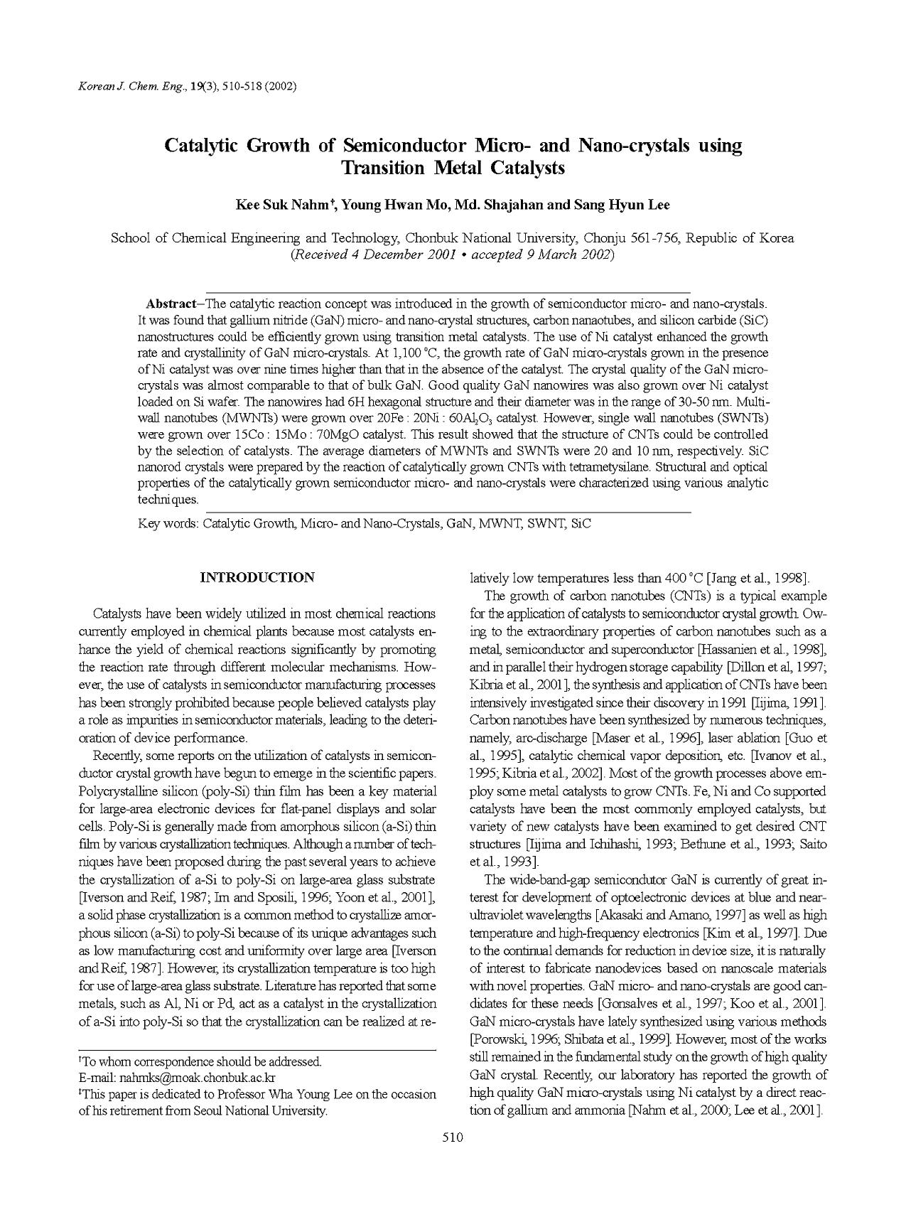 Catalytic growth of semiconductor micro- and nano-crystals using transition metal catalysts by Unknown