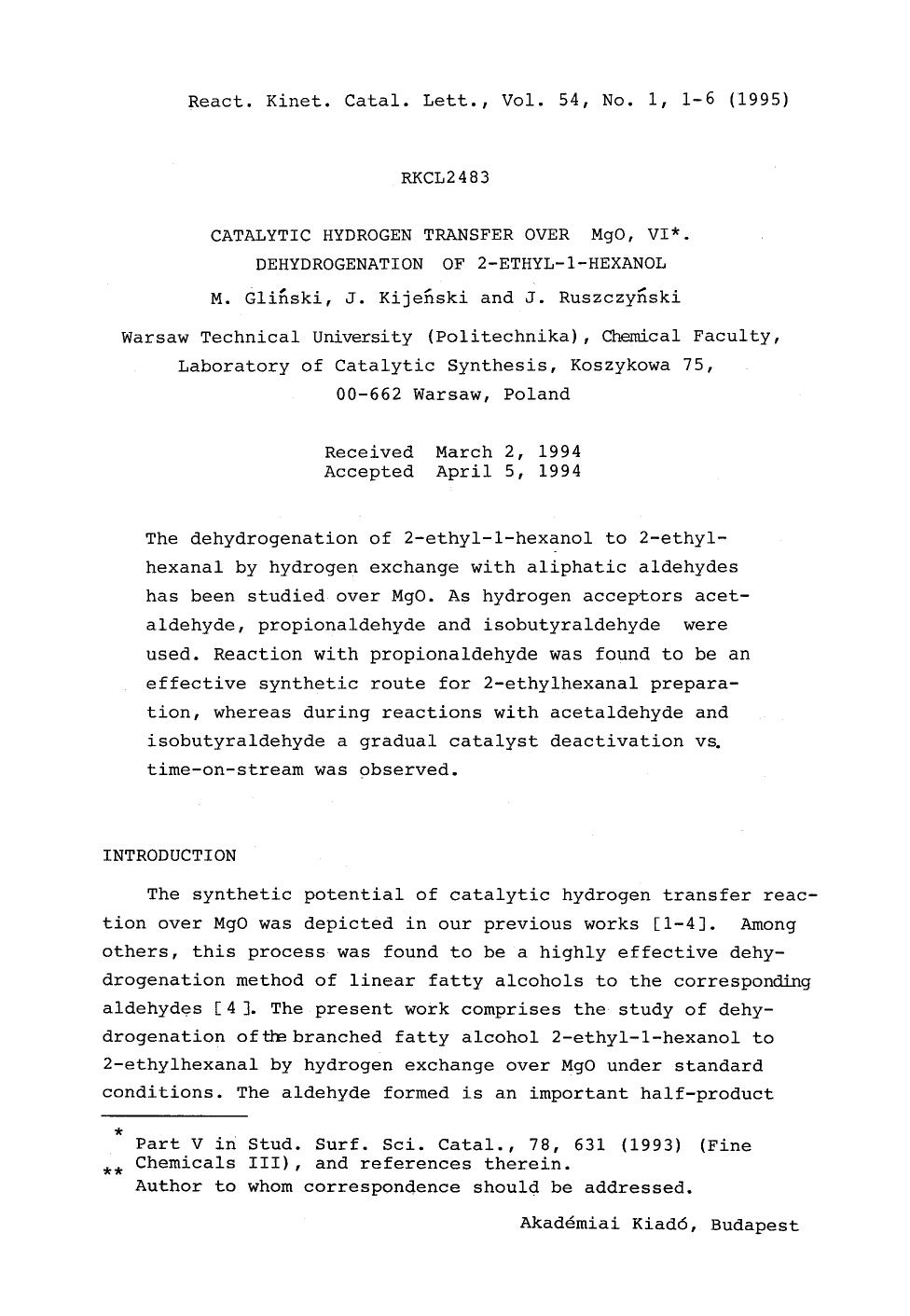 Catalytic hydrogen transfer over MgO, VI dehydrogenation of 2-ethyl-1-hexanol by Unknown