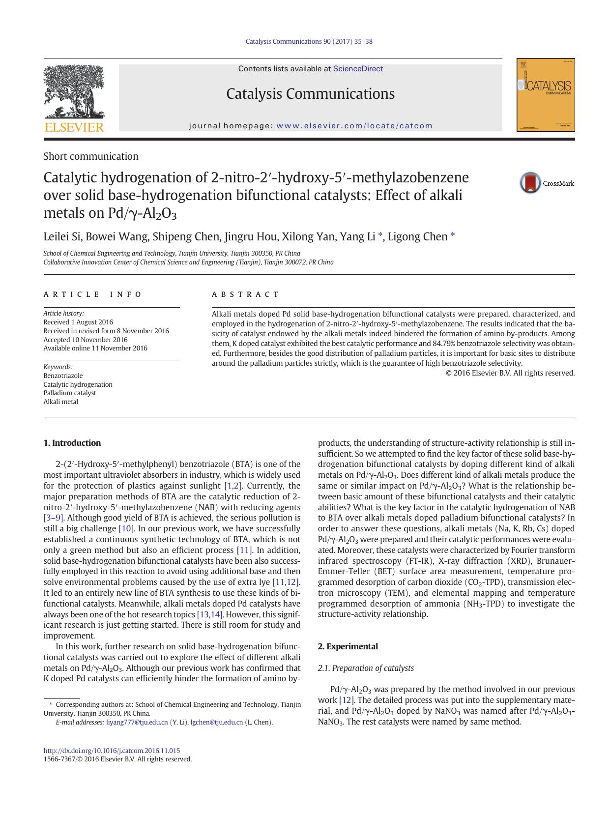 Catalytic hydrogenation of 2-nitro-2â²-hydroxy-5â²-methylazobenzene over solid base-hydrogenation bifunctional catalysts: Effect of alkali metals on PdÎ³-Al2O3 by Leilei Si & Bowei Wang & Shipeng Chen & Jingru Hou & Xilong Yan & Yang Li & Ligong Chen