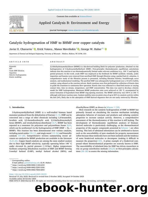 Catalytic hydrogenation of HMF to BHMF over copper catalysts by Javier E. Chavarrio & Erick Votava & Manos Mavrikakis & George W. Huber