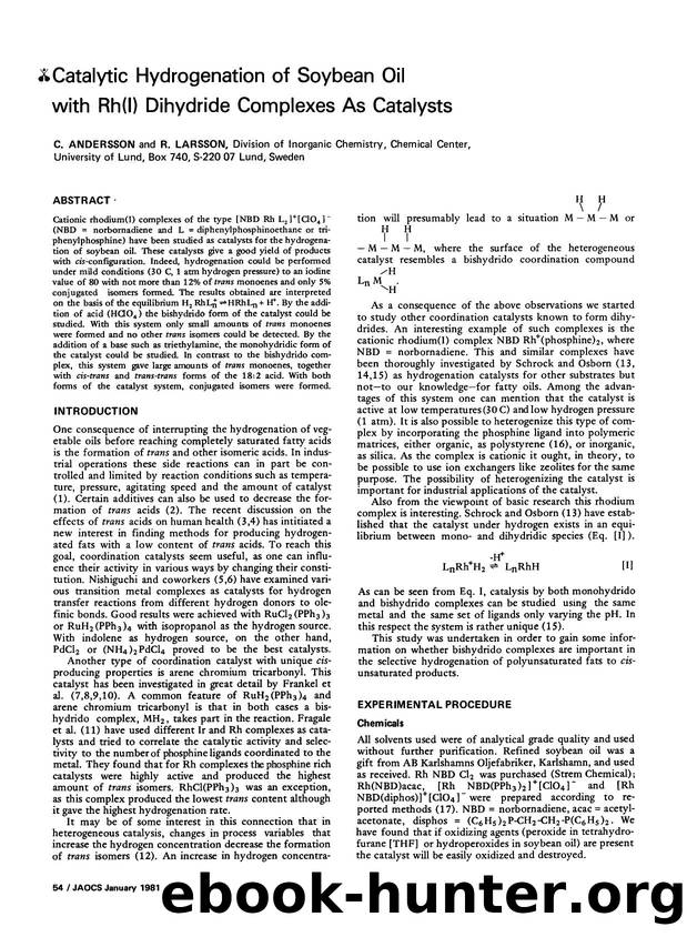 Catalytic hydrogenation of soybean oil with Rh(l) dihydride complexes as catalysts by Unknown