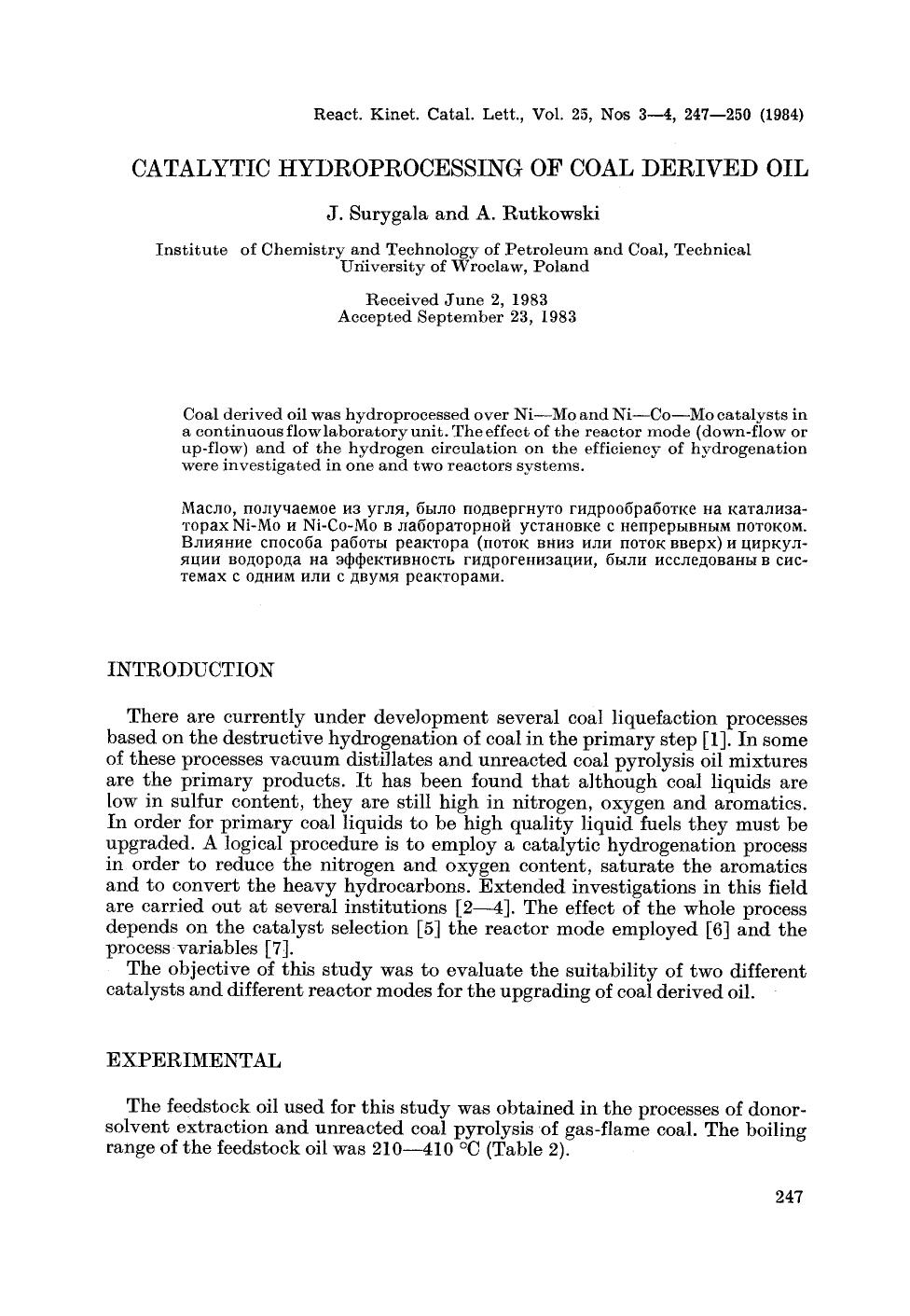 Catalytic hydroprocessing of coal derived oil by Unknown
