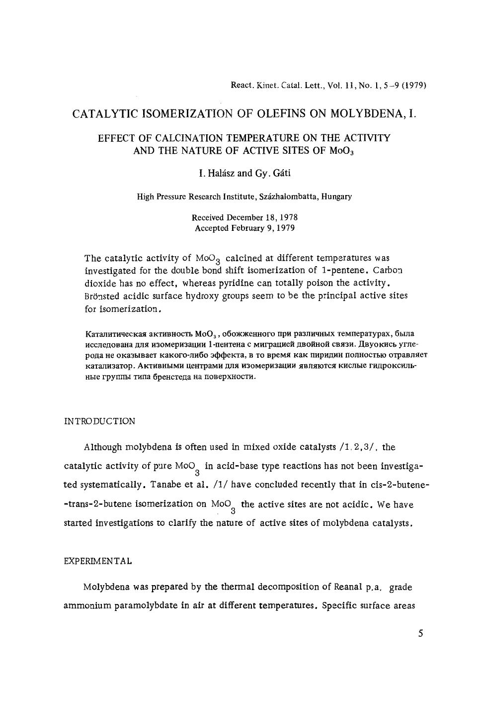 Catalytic isomerization of olefins on molybdena, I by Unknown