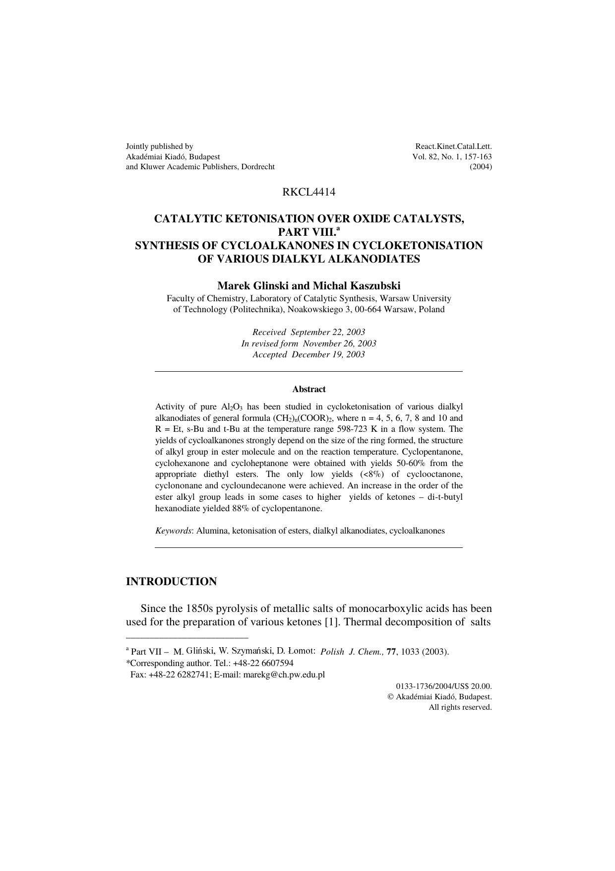 Catalytic ketonisation over oxide catalysts by Unknown