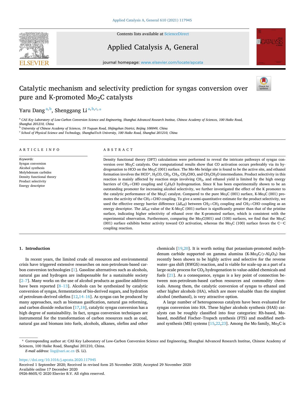 Catalytic mechanism and selectivity prediction for syngas conversion over pure and K-promoted Mo2C catalysts by Yaru Dang