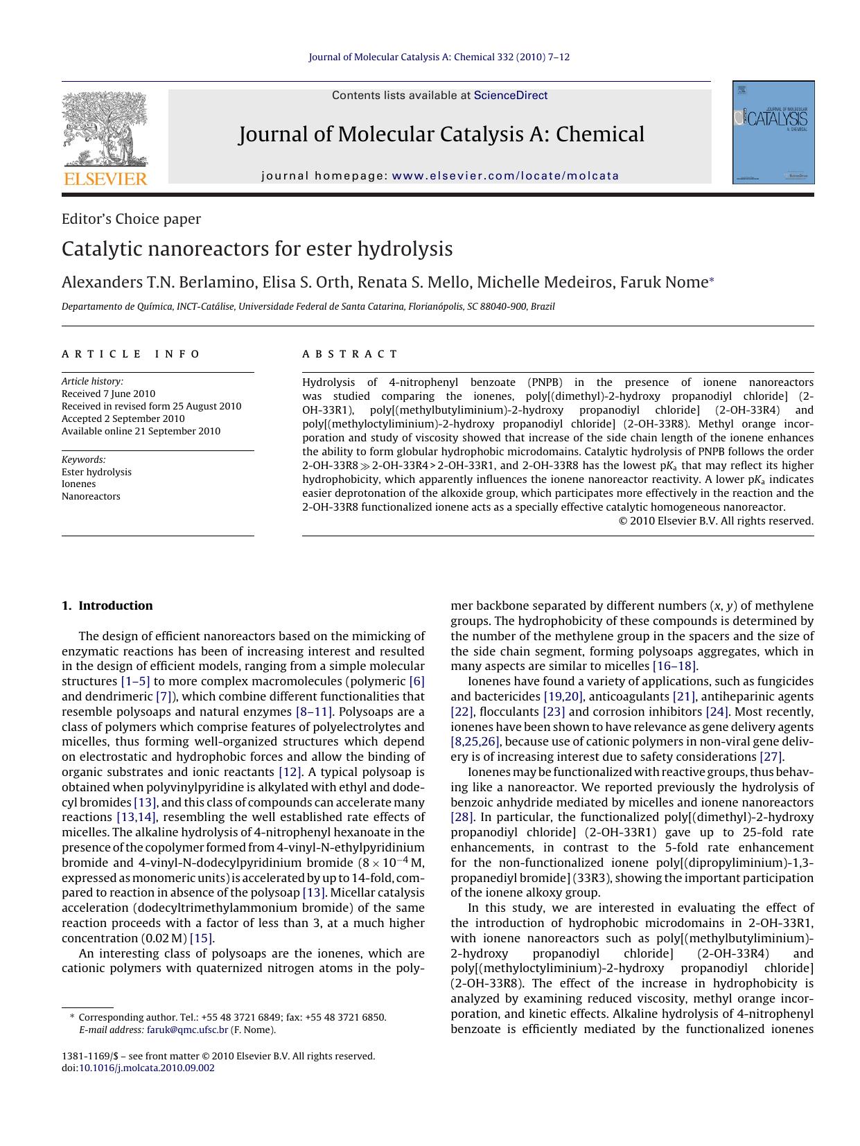 Catalytic nanoreactors for ester hydrolysis by Alexanders T.N. Berlamino