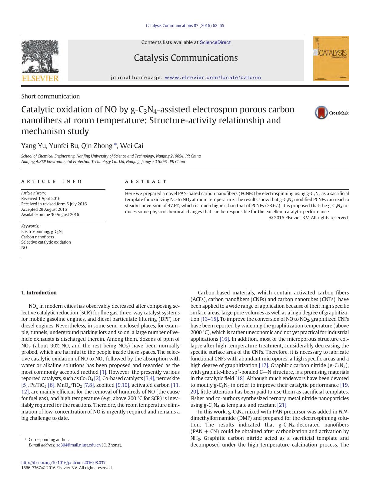 Catalytic oxidation of NO by g-C3N4-assisted electrospun porous carbon nanofibers at room temperature: Structure-activity relationship and mechanism study by Yang Yu & Yunfei Bu & Qin Zhong & Wei Cai