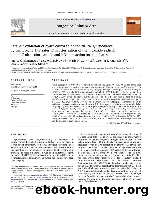 Catalytic oxidation of hydroxyurea to bound NO+ mediated by pentacyano(L)ferrates. Characterization of the nitroxide radical, bound C-nitrosoformamide and NO as reaction intermediates by unknow