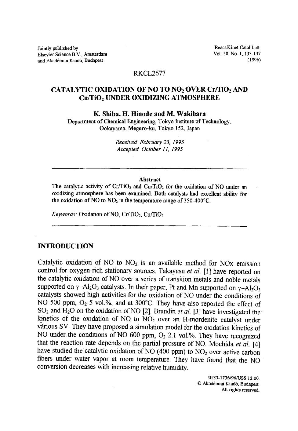 Catalytic oxidation of no to NO <Subscript>2 <Subscript> over CrTiO <Subscript>2 <Subscript> and CuTiO <Subscript>2 <Subscript> under oxidizing atmosphere by Unknown