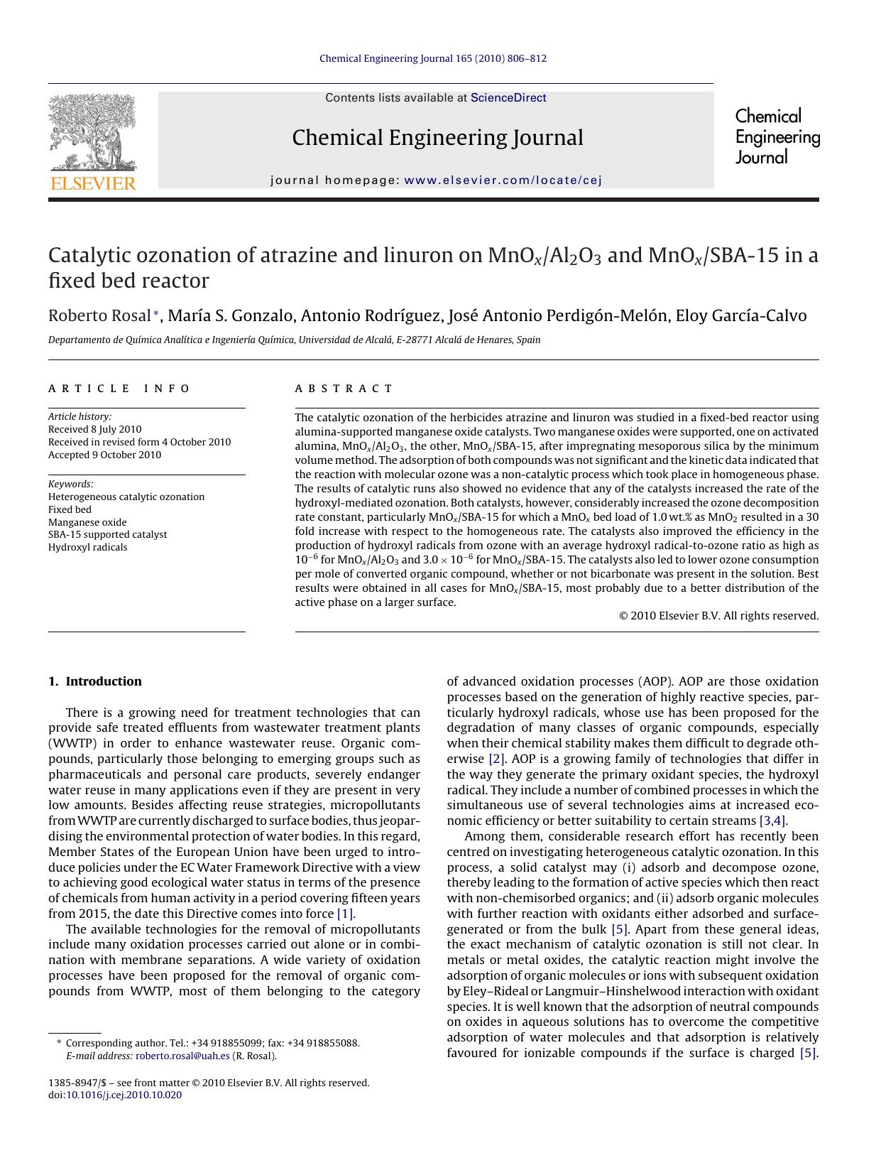 Catalytic ozonation of atrazine and linuron on MnOxAl2O3 and MnOxSBA-15 in a fixed bed reactor by Roberto Rosal