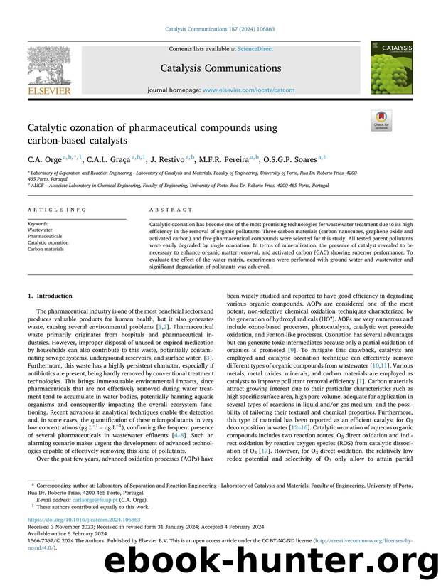 Catalytic ozonation of pharmaceutical compounds using carbon-based catalysts by C.A. Orge & C.A.L. Graça & J. Restivo & M.F.R. Pereira & O.S.G.P. Soares