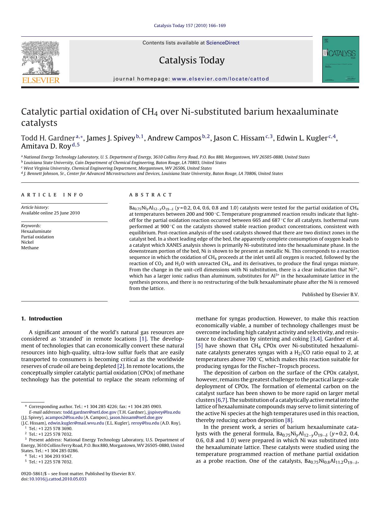 Catalytic partial oxidation of CH4 over Ni-substituted barium hexaaluminate catalysts by Todd H. Gardner