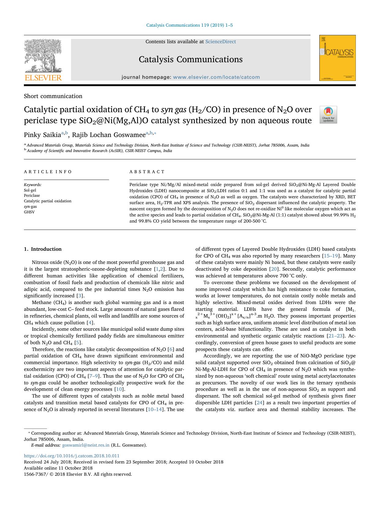 Catalytic partial oxidation of CH4 to syn gas (H2CO) in presence of N2O over periclase type SiO2@Ni(Mg,Al)O catalyst synthesized by non aqueous route by Pinky Saikia & Rajib Lochan Goswamee
