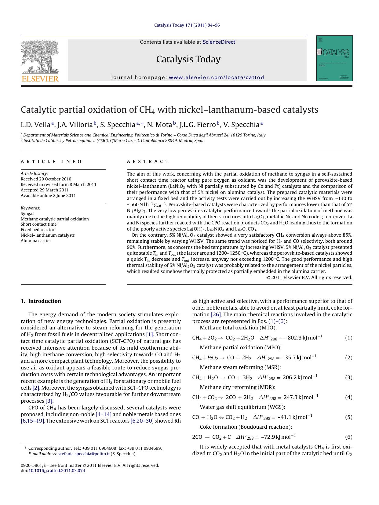 Catalytic partial oxidation of CH4 with nickelÃ¢â¬âlanthanum-based catalysts by L.D. Vella