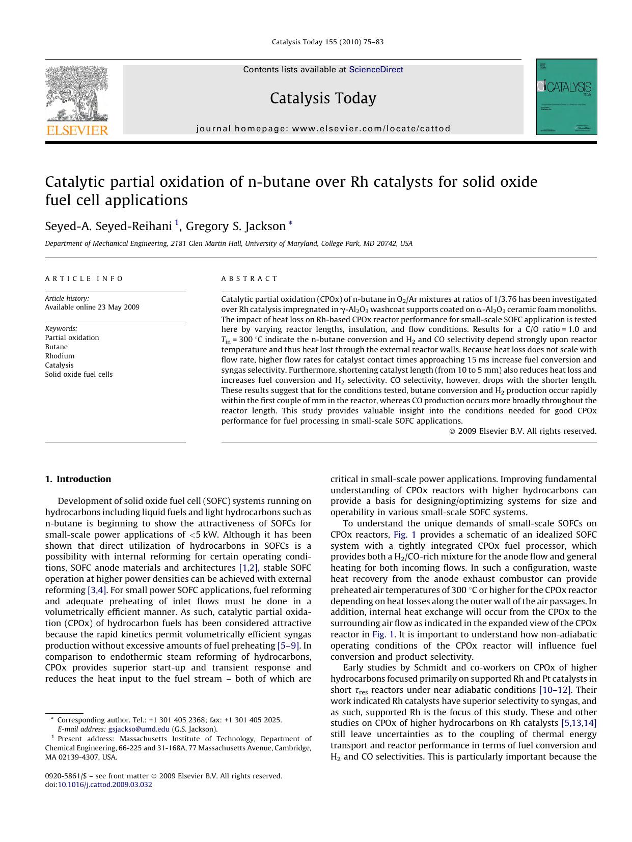 Catalytic partial oxidation of n-butane over Rh catalysts for solid oxide fuel cell applications by Seyed-A. Seyed-Reihani