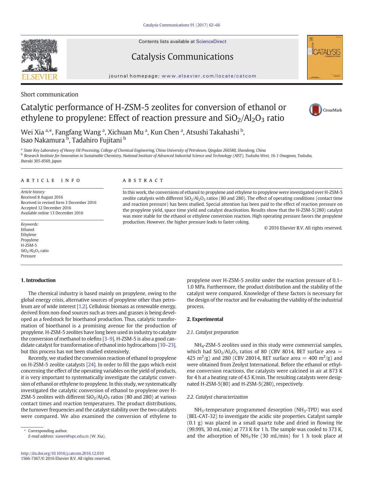 Catalytic performance of H-ZSM-5 zeolites for conversion of ethanol or ethylene to propylene: Effect of reaction pressure and SiO2Al2O3 ratio by unknow