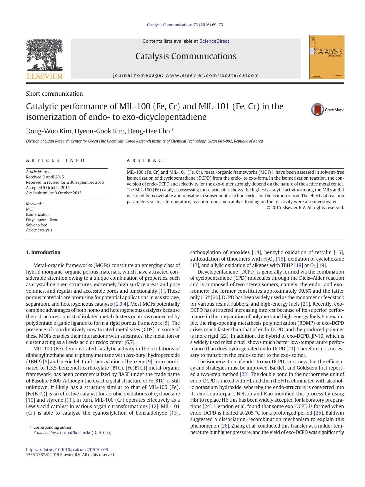 Catalytic performance of MIL-100 (Fe, Cr) and MIL-101 (Fe, Cr) in the isomerization of endo- to exo-dicyclopentadiene by Dong-Woo Kim & Hyeon-Gook Kim & Deug-Hee Cho