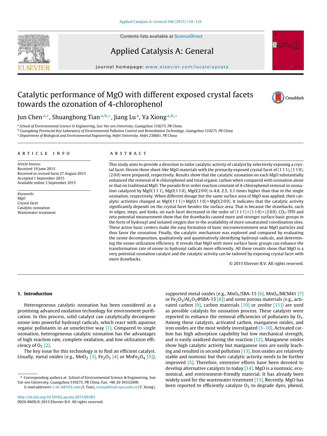 Catalytic performance of MgO with different exposed crystal facets towards the ozonation of 4-chlorophenol by Jun Chen & Shuanghong Tian & Jiang Lu & Ya Xiong