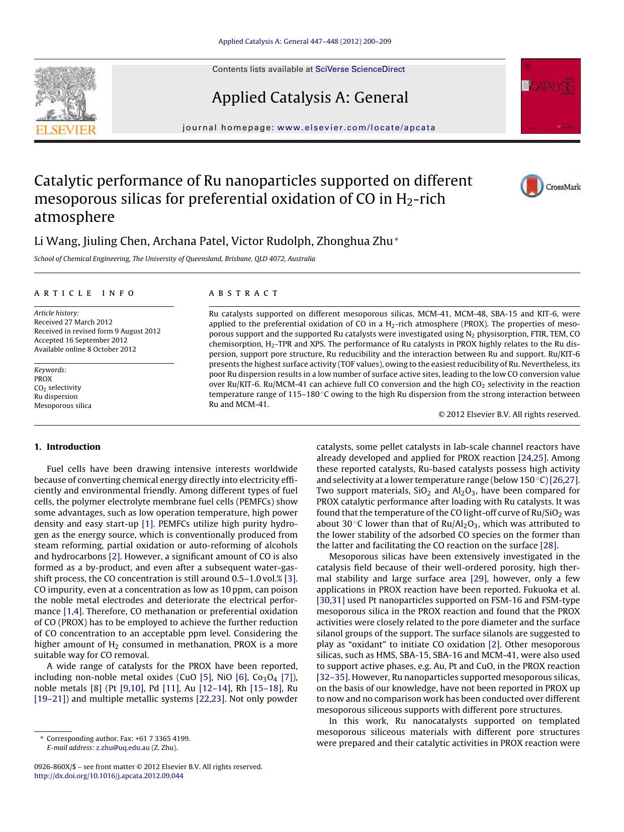 Catalytic performance of Ru nanoparticles supported on different mesoporous silicas for preferential oxidation of CO in H2-rich atmosphere by Li Wang & Jiuling Chen & Archana Patel & Victor Rudolph & Zhonghua Zhu