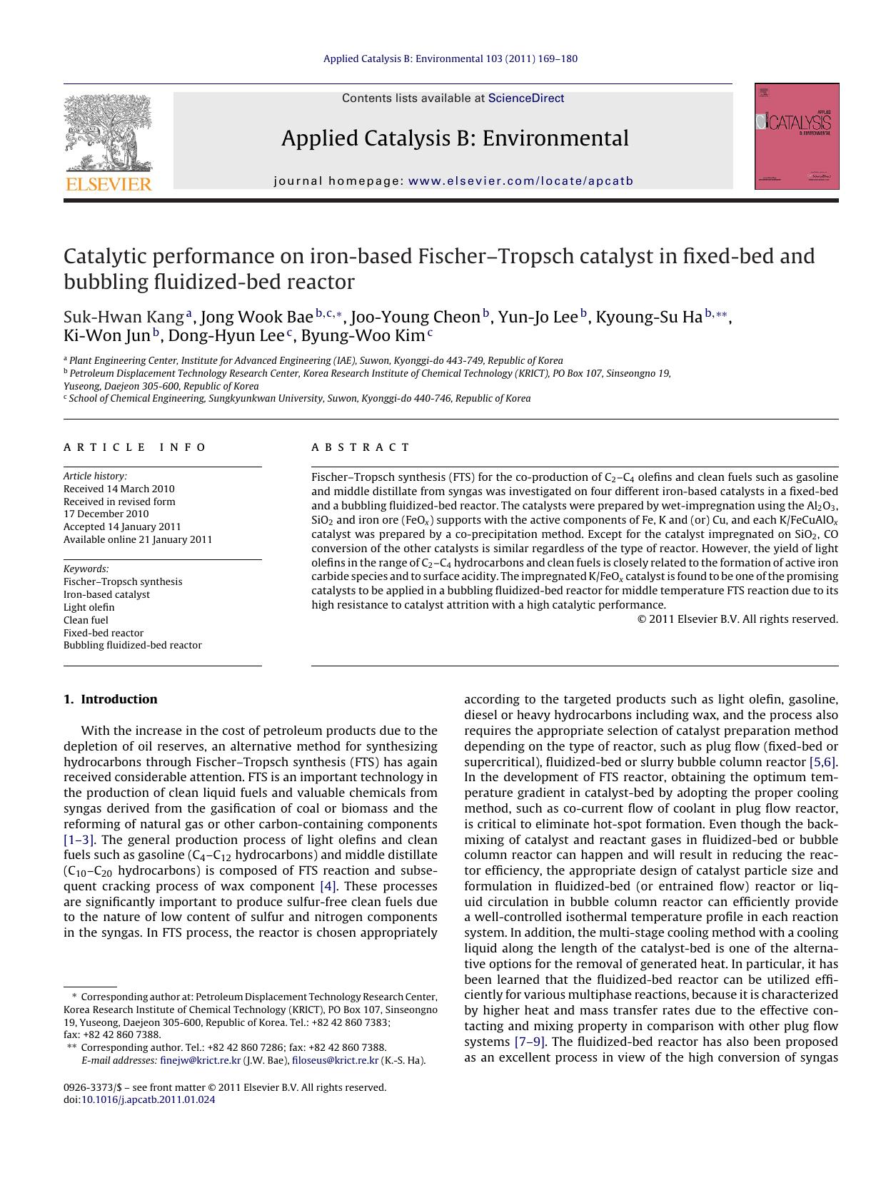 Catalytic performance on iron-based FischerÃ¢â¬âTropsch catalyst in fixed-bed and bubbling fluidized-bed reactor by Suk-Hwan Kang