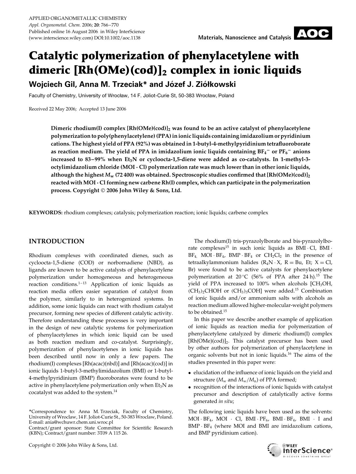 Catalytic polymerization of phenylacetylene with dimeric [Rh(OMe)(cod)]2 complex in ionic liquids by Unknown