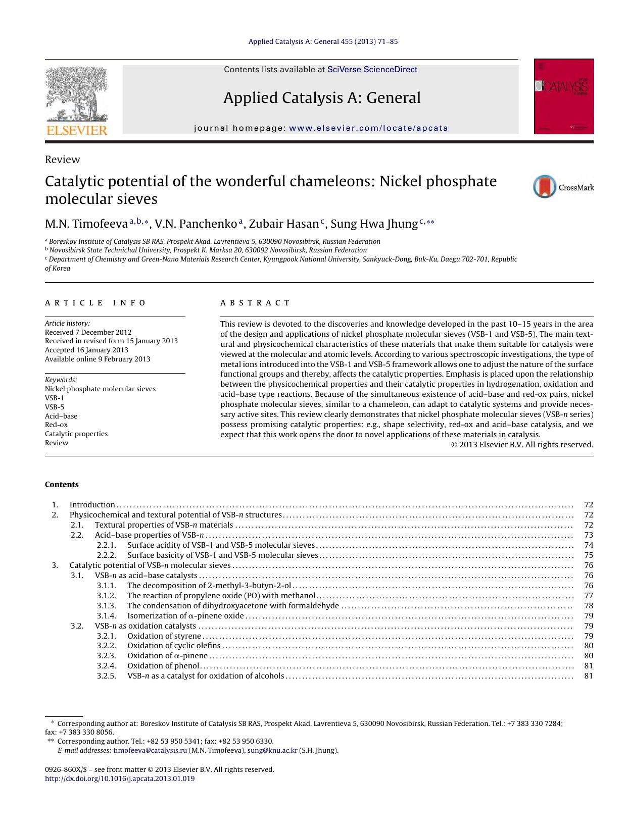 Catalytic potential of the wonderful chameleons: Nickel phosphate molecular sieves by M.N. Timofeeva & V.N. Panchenko & Zubair Hasan & Sung Hwa Jhung
