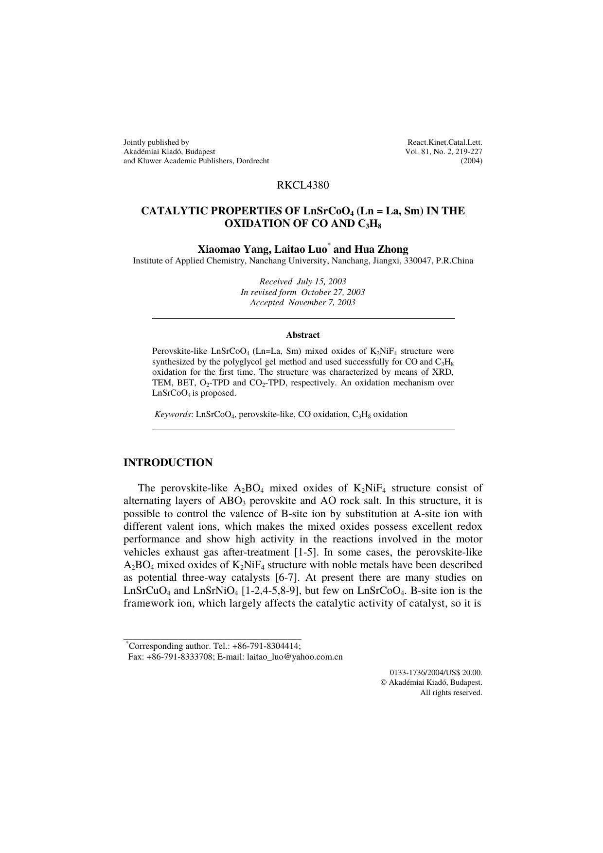 Catalytic properties of LnSrCoO<Subscript>4<Subscript> (Ln = La, Sm) in the oxidation of CO and C<Subscript>3<Subscript>H<Subscript>8<Subscript> by Unknown
