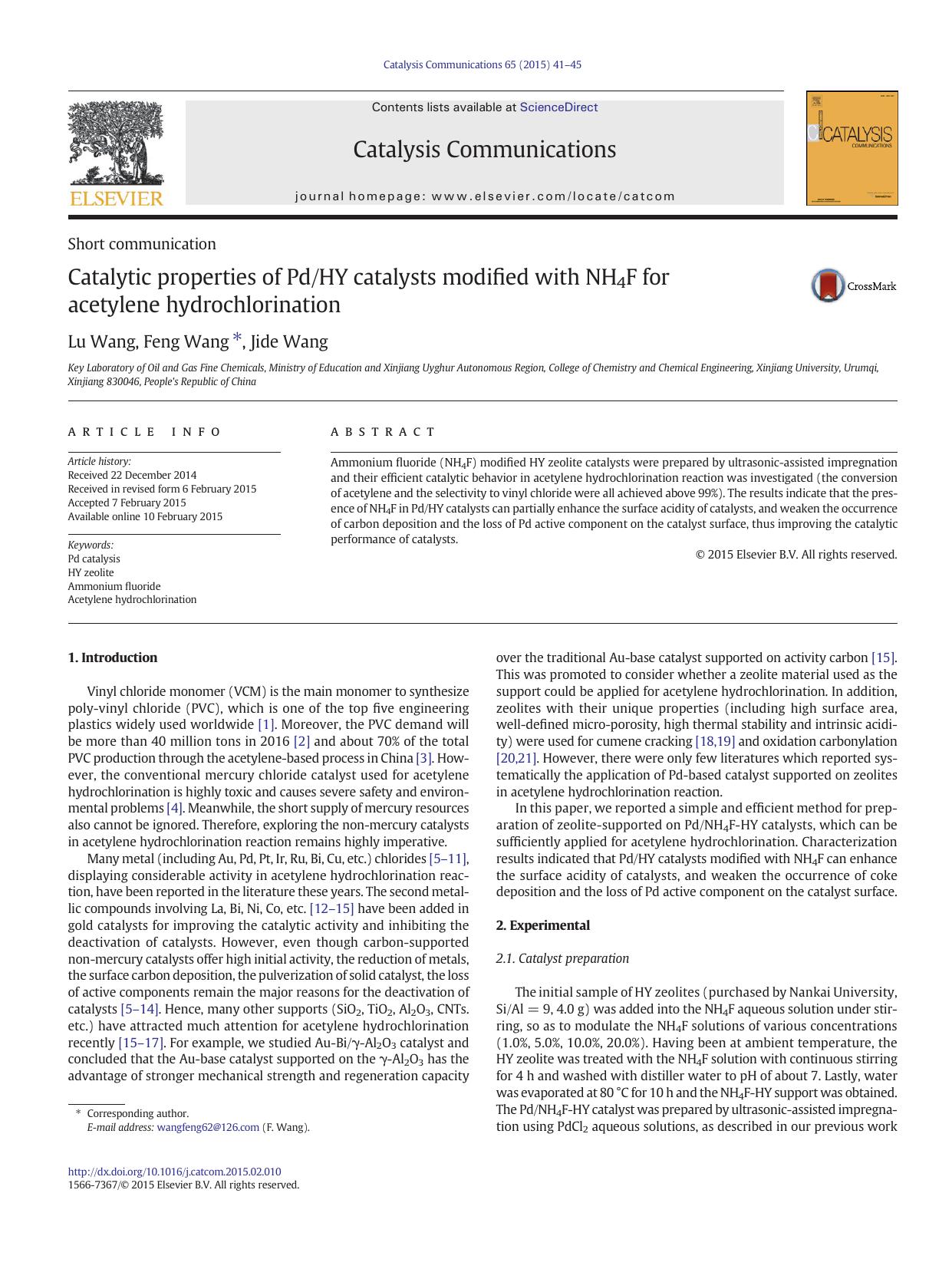 Catalytic properties of PdHY catalysts modified with NH4F for acetylene hydrochlorination by Lu Wang & Feng Wang & Jide Wang