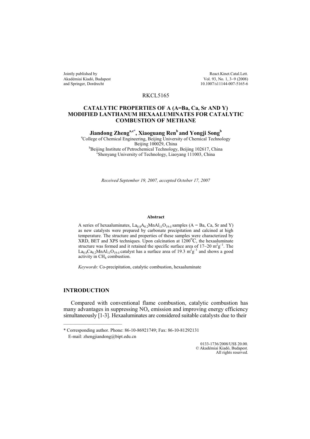 Catalytic properties of a (A=Ba, Ca, Sr and Y) modified lanthanum hexaaluminates for catalytic combustion of methane by Unknown