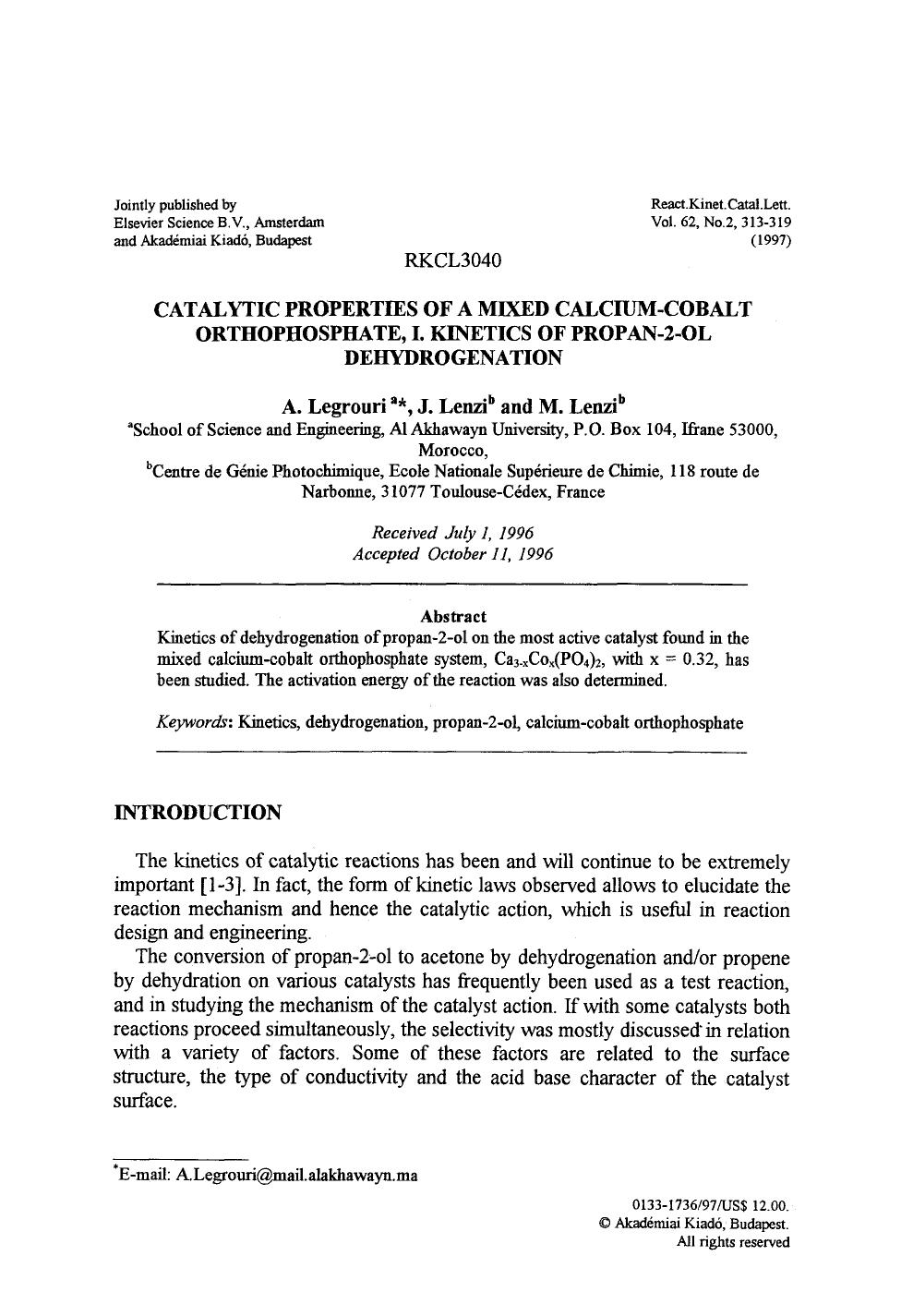 Catalytic properties of a mixed calcium-cobalt orthophosphate, I. Kinetics of propan-2-ol dehydrogenation by Unknown