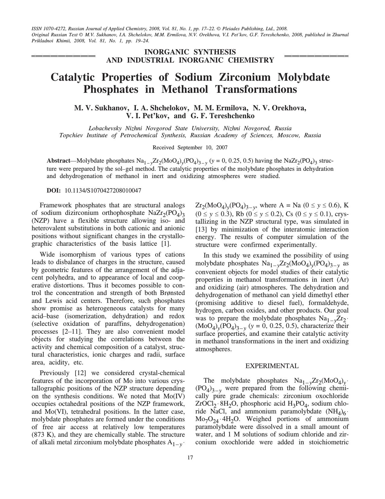 Catalytic properties of sodium zirconium molybdate phosphates in methanol transformations by Unknown