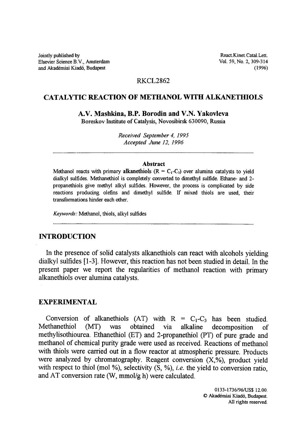 Catalytic reaction of methanol with alkanethiols by Unknown